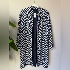 ASHLEY STEWART navy and white long blazer with a geometric print.